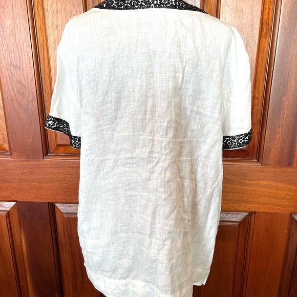 Talbots White Linen Black Beaded Split Neck Tassel Short Sleeve Top Blouse Large - Picture 3 of 8